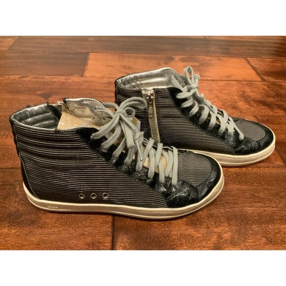 P448 Gray & Black Ribbed High-Top Sneakers Gold Tongue, Size 6 (US) 36 (IT)